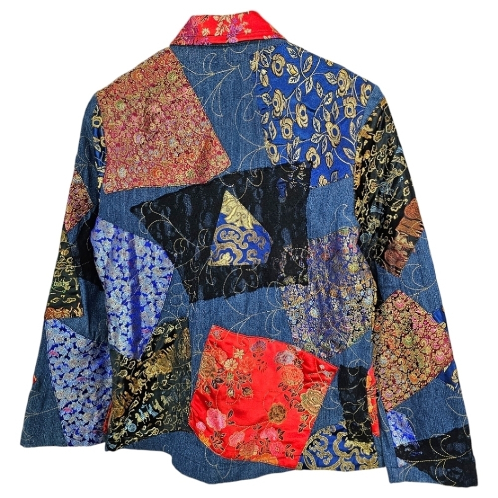 Chicos Patchwork Denim Jacket Womens Size Small Boho Jacquard Festival Vintage - Picture 9 of 16